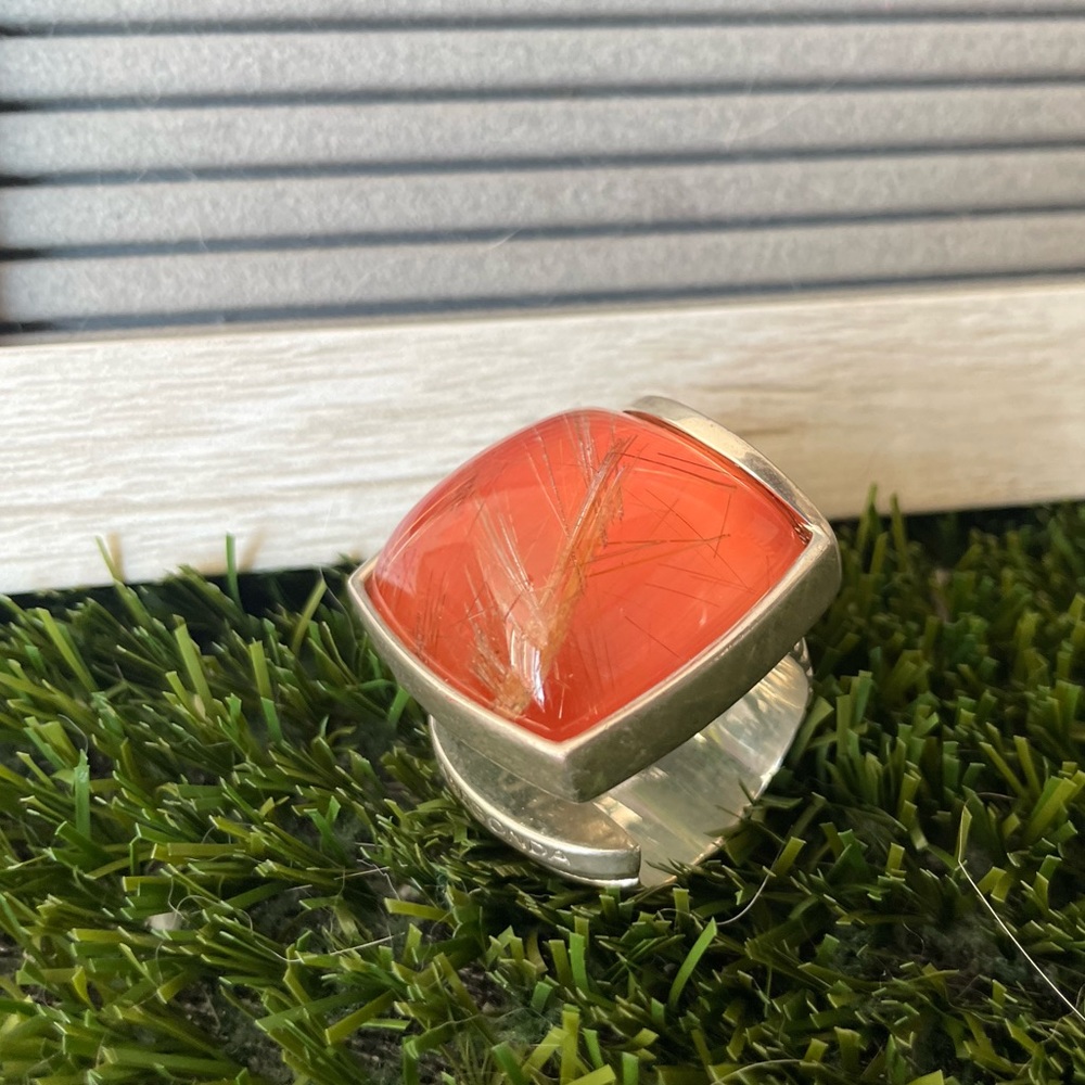 PIANEGONDA RITULATED ORANGE QUARTZ STERLING STEEL RING - Picture 6 of 10